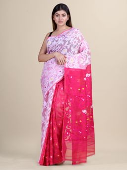 LAA CALCUTTA - White & Deep Pink Cotton Silk Hand Woven Saree Without Blouse Piece