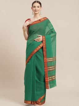 ISHIN - Womens Cotton Blend Green Solid Woven Design Saree with Unstitched Blouse