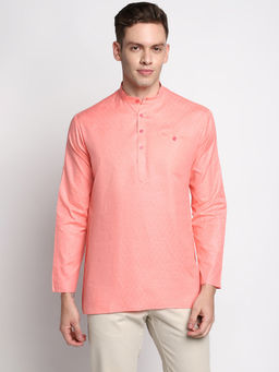 Devoiler - Men Self Design Pink Cotton Short Kurta