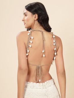 Velvery - Black Halter Neck Shells Padded Bralette Top with Tie-Ups