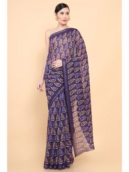 Soch - Women Blue Chanderi Printed Saree with Unstitched Blouse