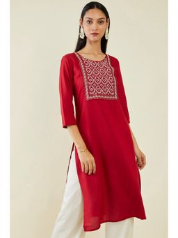 Soch - Women Maroon Rayon Embroidered Kurta
