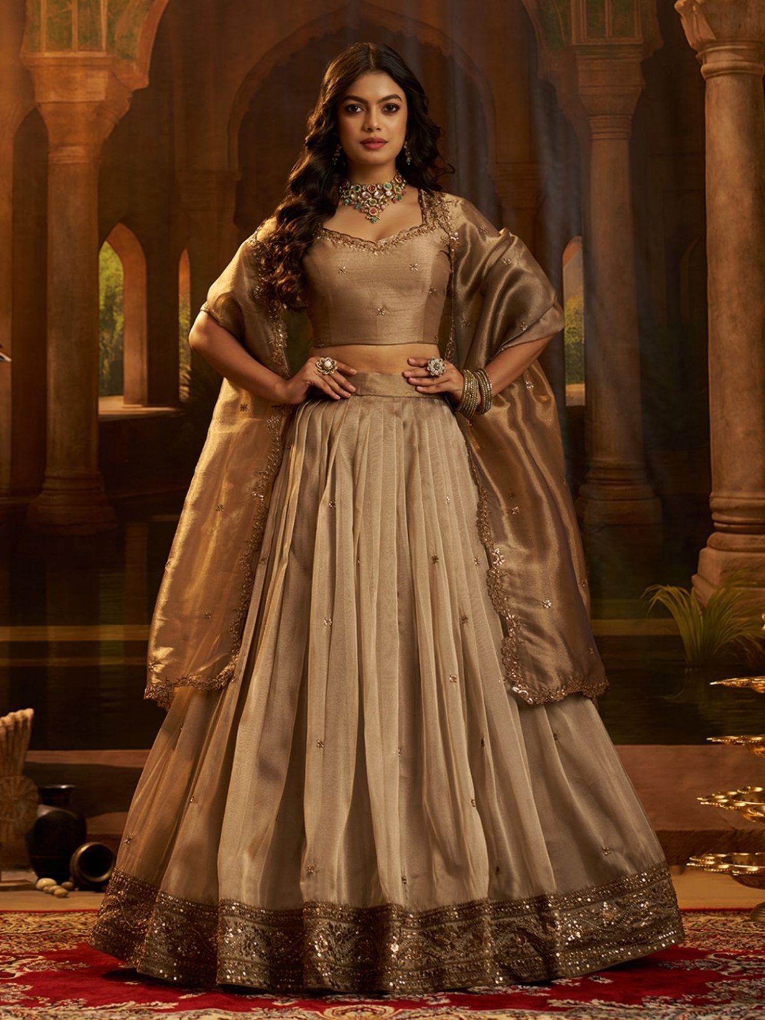 odette Women Gold Organza Embroidered Lehenga with Unstitched Blouse and Dupatta-picture-21