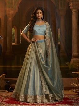 Odette - Women Blue Organza Embroidered Lehenga with Unstitched Blouse and Dupatta