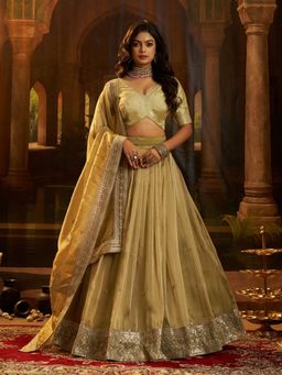 Odette - Women Lime Green Organza Embroidered Lehenga with Unstitched Blouse and Dupatta