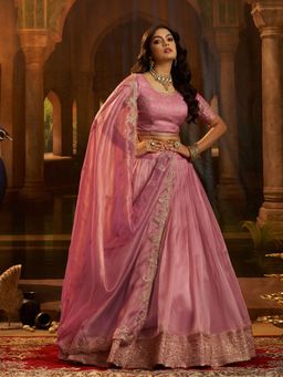 Odette - Women Pink Organza Embroidered Lehenga with Unstitched Blouse and Dupatta