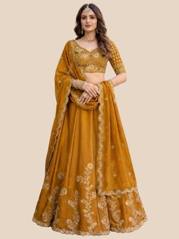 Odette - Women Yellow Silk Embroidered Lehenga with Unstitched Blouse and Dupatta