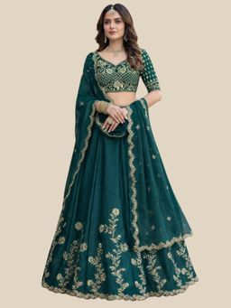 Odette - Women Green Silk Embroidered Lehenga with Unstitched Blouse and Dupatta