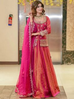 Odette - Women Pink Organza Embroidered Lehenga with Unstitched Blouse and Dupatta