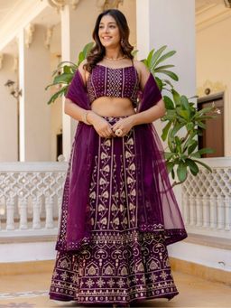Odette - Women Purple Georgette Embroidered Lehenga with Unstitched Blouse and Dupatta