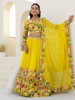 Odette - Women Yellow Organza Embroidered Lehenga with Unstitched Blouse and Dupatta