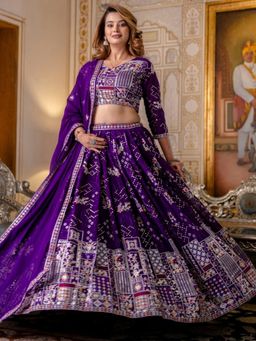 Odette - Women Purple Georgette Embroidered Lehenga with Unstitched Blouse and Dupatta