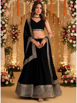 Kedar Fab - Women's Black Sequins Embroidered Semi Stitched Lehenga with Unstitched Blouse and Dupatta
