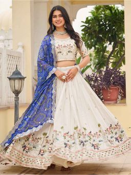 Kedar Fab - Women's Chinnon Blue Semi Stitched Lehenga with Unstitched Blouse and Dupatta
