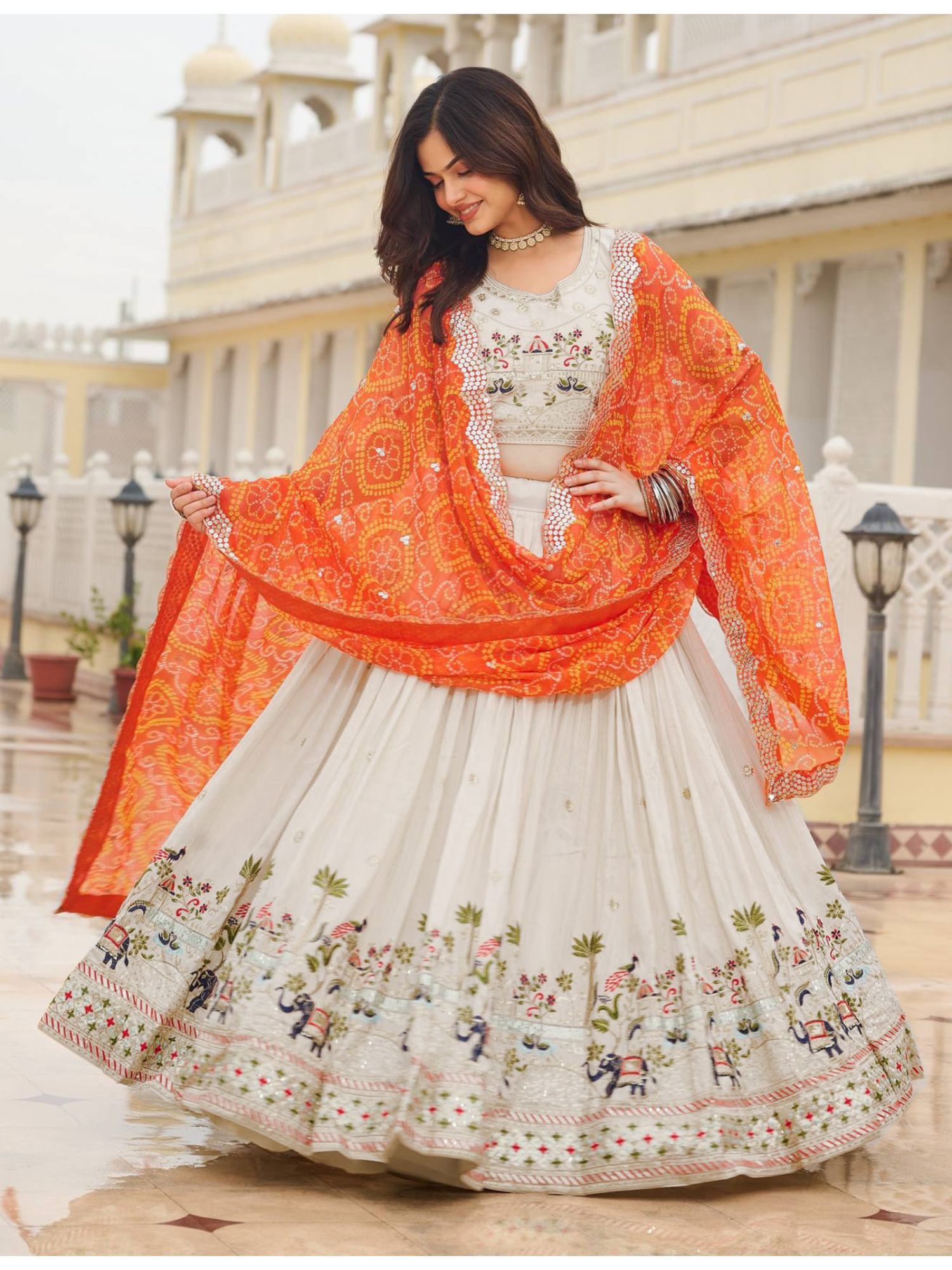 kedar fab Women's Chinnon Orange Semi Stitched Lehenga with Unstitched Blouse and Dupatta-picture-29