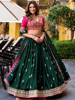 Kedar Fab - Women's Chinnon Green Semi Stitched Lehenga with Unstitched Blouse and Dupatta
