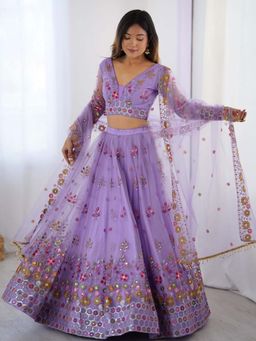 Kedar Fab - Women's Net Lavender Embroidered Semi Stitched Lehenga with Unstitched Blouse and Dupatta