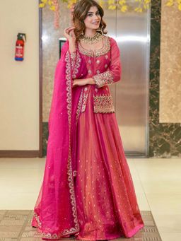 Kedar Fab - Women's Shimmer Silk Traditional Pink Stitched Lehenga with Top and Dupatta