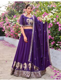 Kedar Fab - Women's Chinnon Purple Semi Stitched Lehenga with Unstitched Blouse and Dupatta