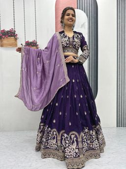 Kedar Fab - Women's Chinnon Purple Semi Stitched Lehenga with Unstitched Blouse and Dupatta