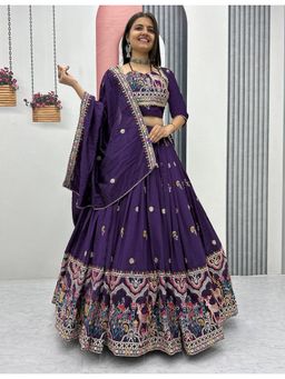 Kedar Fab - Women's Chinnon Purple Semi Stitched Lehenga with Unstitched Blouse and Dupatta