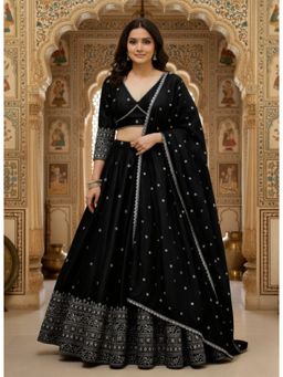 Kedar Fab - Women'sblack Sequins Embroidered Semi Stitched Lehenga with Unstitched Blouse and Dupatta