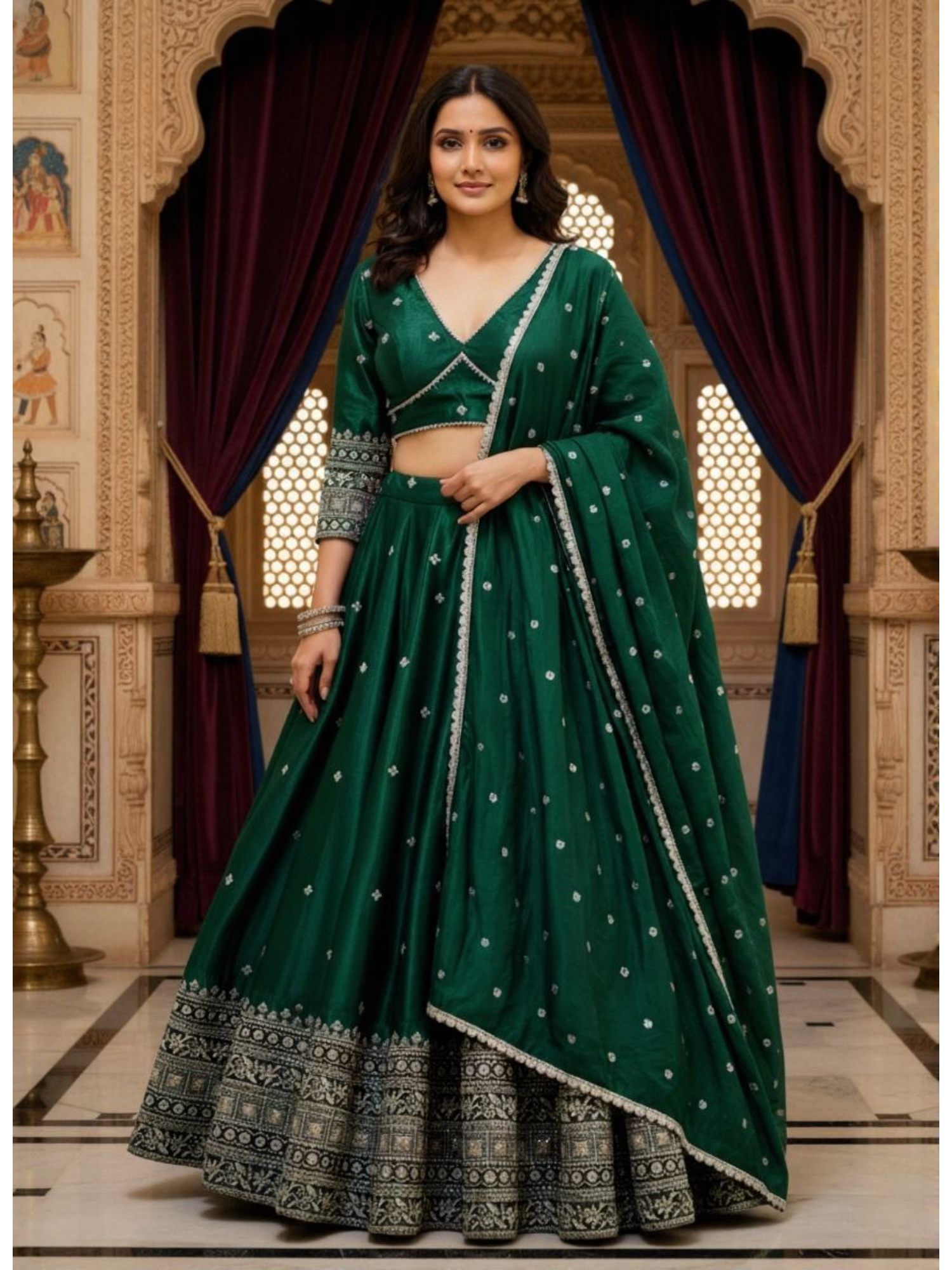 kedar fab Women's Green Sequins Embroidered Semi Stitched Lehenga with Unstitched Blouse and Dupatta-picture-27