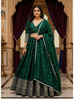 Kedar Fab - Women's Green Sequins Embroidered Semi Stitched Lehenga with Unstitched Blouse and Dupatta