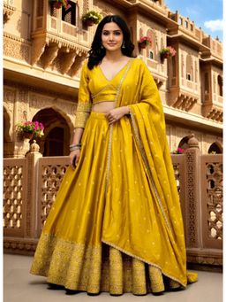 Kedar Fab - Women's Yellow Embroidered Semi Stitched Lehenga with Unstitched Blouse and Dupatta
