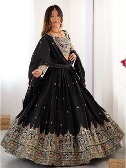 Kedar Fab - Women's Chinnon Black Semi Stitched Lehenga with Unstitched Blouse and Dupatta