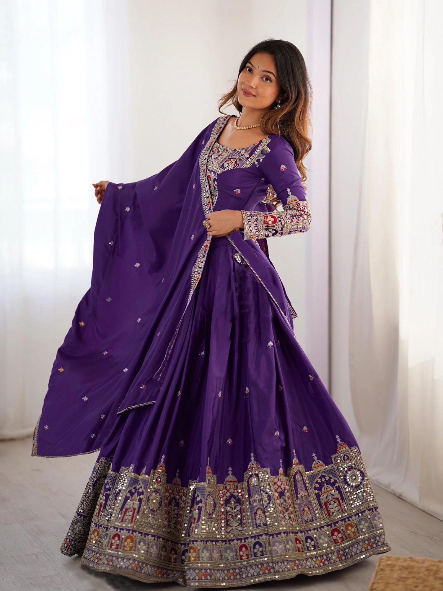 kedar fab Women's Chinnon Purple Semi Stitched Lehenga with Unstitched Blouse and Dupatta-picture-24