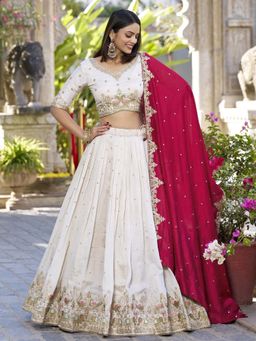 Kedar Fab - Women's Chinnon Off White Semi Stitched Lehenga with Unstitched Blouse and Dupatta