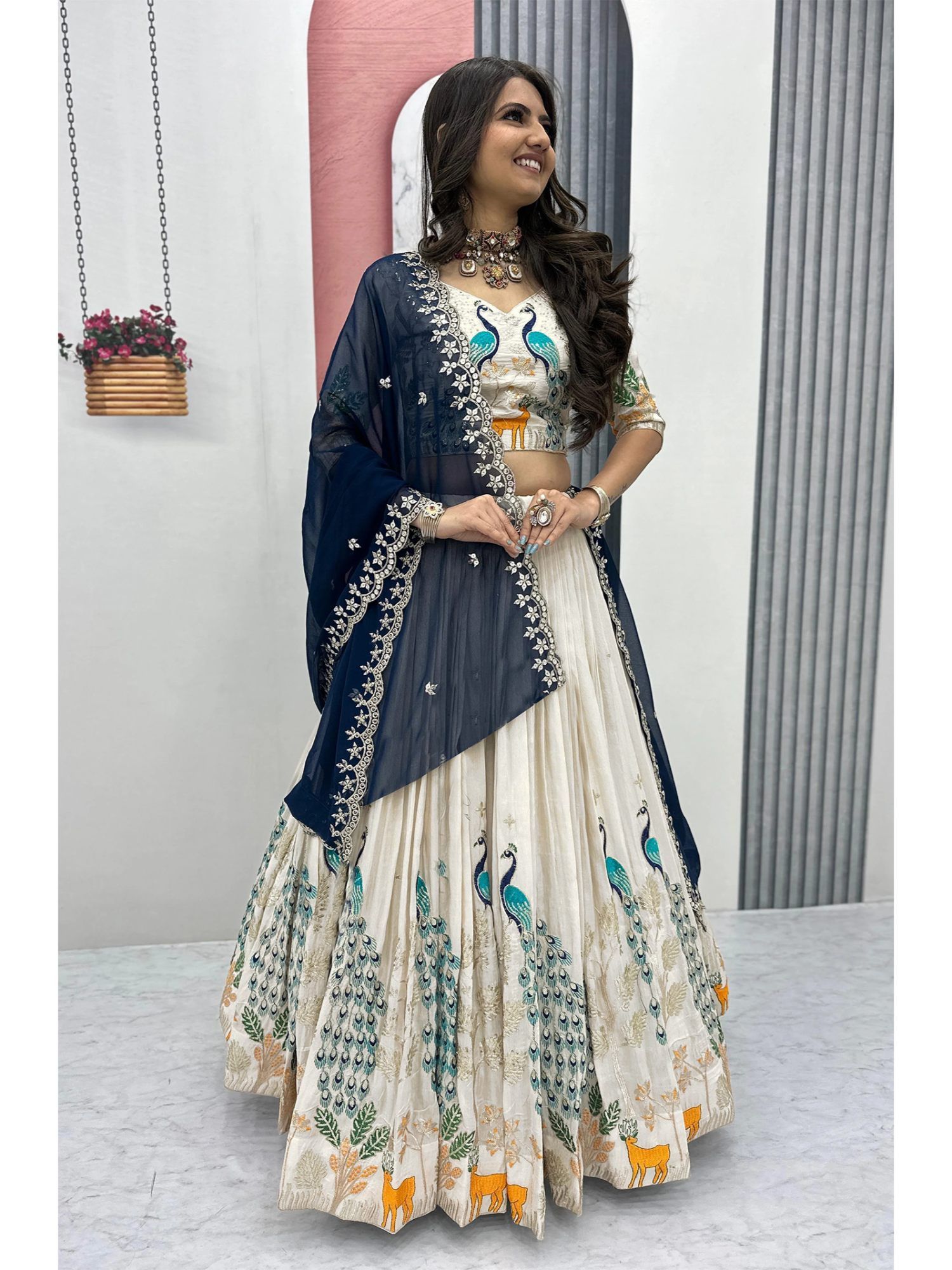 kedar fab Women's Chinnon Off White Semi Stitched Lehenga with Unstitched Blouse and Dupatta-picture-40