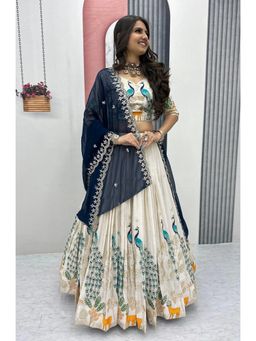 Kedar Fab - Women's Chinnon Off White Semi Stitched Lehenga with Unstitched Blouse and Dupatta