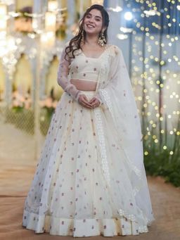 Kedar Fab - Women's Net Floral White Semi Stitched Lehenga with Unstitched Blouse and Dupatta