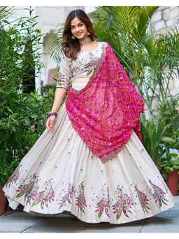 Kedar Fab - Women's Chinnon White Semi Stitched Lehenga with Unstitched Blouse and Dupatta