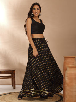 Likha - Rayon Gold Khadi Printed Black Umbrella Skirt with Lace Detailing LIKKPL006
