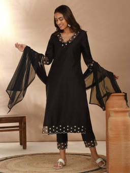 Likha - Silk Blend Straight Everyday Wear Hand Organza Neck Classic Kurta Set with Chiffon Dupatta