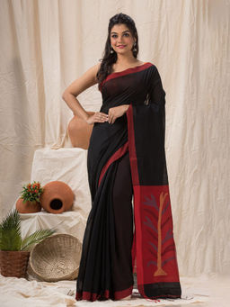 Angoshobha - Black Cotton Blended Traditional Jamdani Saree with Unstitched Blouse