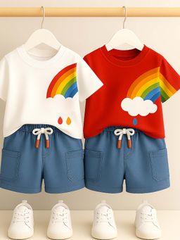 Googo Gaaga - Rainbow Print White T-shirts with Denim Shorts (Pack of 4)