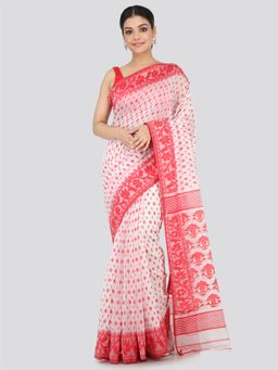 PinkLoom - Women's Soft Cotton Blend Jamdani Saree Without Blouse Piece,White
