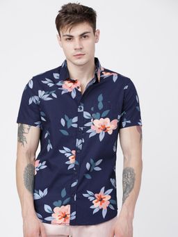 LOCOMOTIVE - Men Navy Blue and Pink Slim Fit Printed Casual Shirt