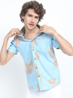 LOCOMOTIVE - Men Blue and Orange Slim Fit Cotton Casual Shirt