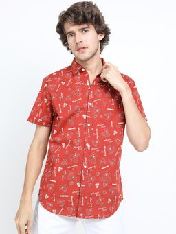 LOCOMOTIVE - Men Rust Slim Fit Printed Cotton Casual Shirt