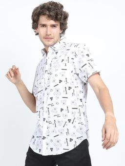 LOCOMOTIVE - Men White Slim Fit Printed Cotton Casual Shirt