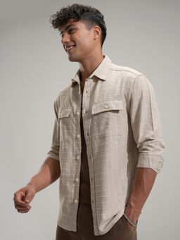 LOCOMOTIVE - Men Comfort Relaxed Fit Textured Spread Collar Cotton Casual Shirt