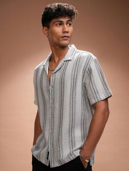 LOCOMOTIVE - Men Comfort Relaxed Fit Cuban Collar Vertical Striped Cotton Casual Shirt