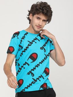 LOCOMOTIVE - Men Blue and Black Printed Slim Fit Cotton T-shirt