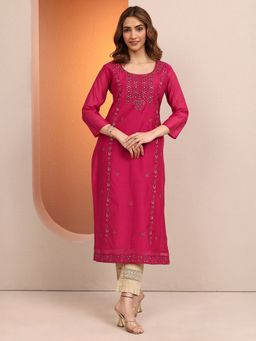 Libas - Pink Chanderi Silk Floral Kurta