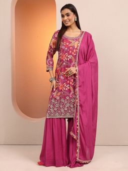 Libas - Pink Chinon Floral Kurta With Sharara & Dupatta